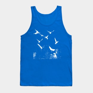 White Silhouette Of A Flock Of Seagulls Scavenging Tank Top